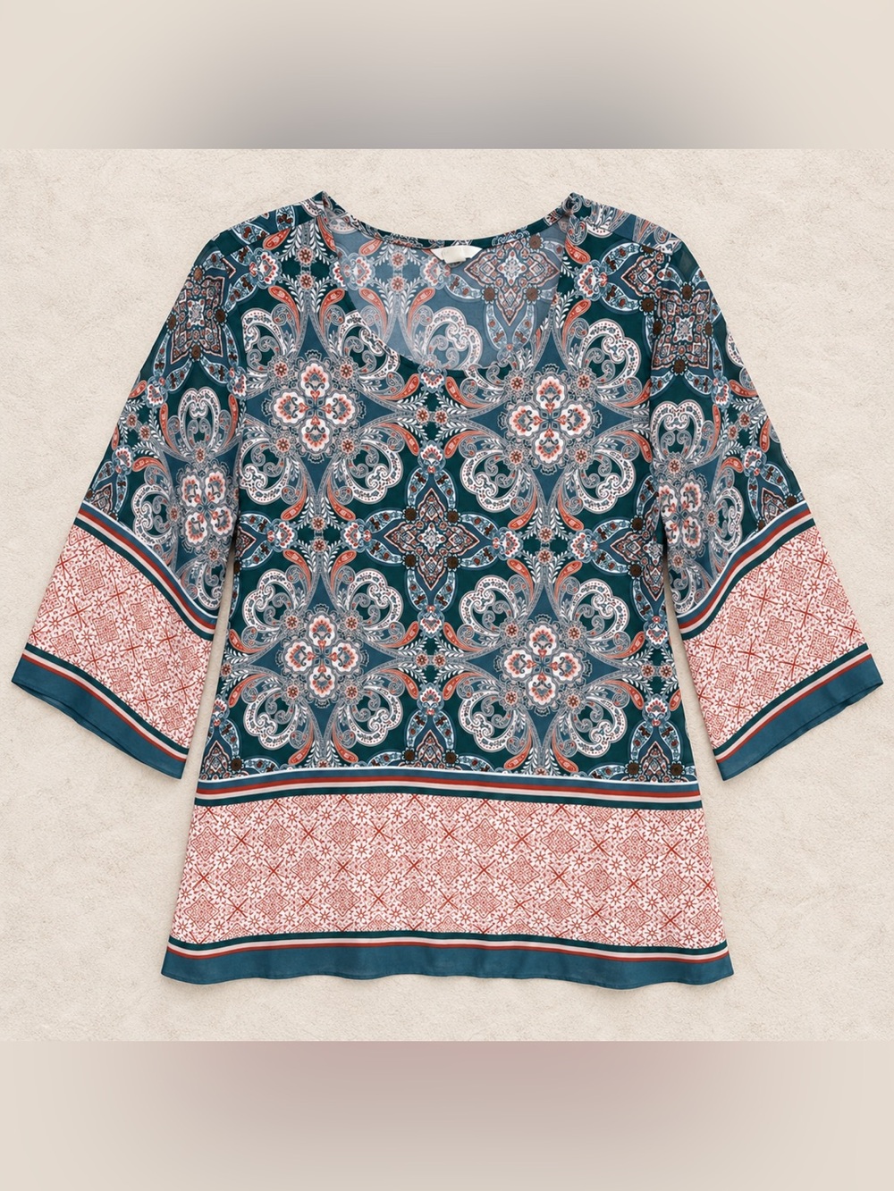 Women's Teal Green and Coral Printed Blouse
